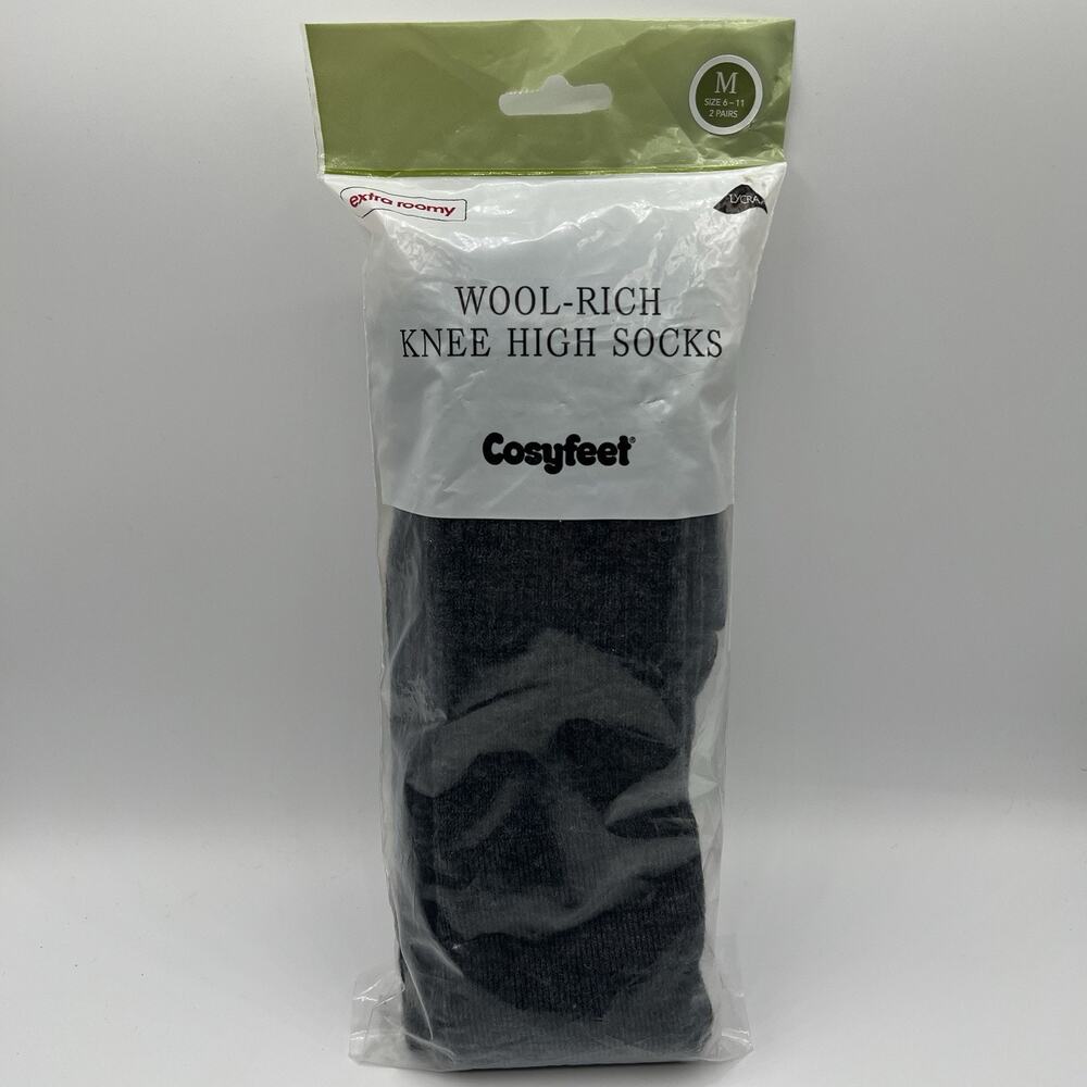 Cosyfeet Wool-Rich Knee High Socks Grey Extra Roomy Size M 6-11 2 Pairs Merino